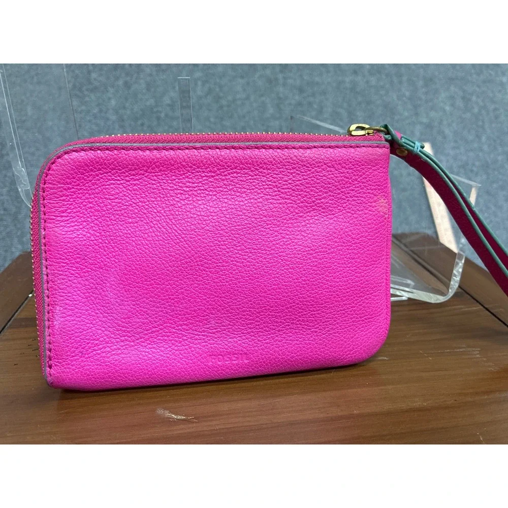 Fossil Pink Pebbled Leather Cactus Applique L-Zip Wristlet Pouch SWL1781